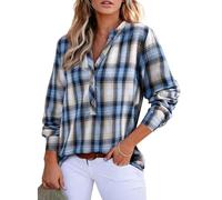KIJSKKOPO Women's Long Sleeve Henry Collar Check Blouse, Green V-Neck Half Button Striped Plaid Tunic Pullover Shirt Fall Winter Stylish Slim Office Work Going Out Retro Tops Light Blue M