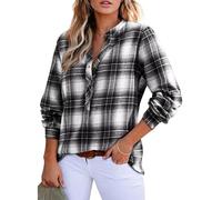 KIJSKKOPO Women's Long Sleeve Henry Collar Check Blouse, Green V-Neck Half Button Striped Plaid Tunic Pullover Shirt Fall Winter Stylish Slim Office Work Going Out Retro Tops Black XXL