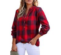 KIJSKKOPO Women's Long Sleeve Henry Collar Check Blouse, Green V-Neck Half Button Striped Plaid Tunic Pullover Shirt Fall Winter Stylish Slim Office Work Going Out Retro Tops Red XXL