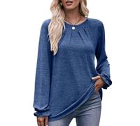 KIJSKKOPO Women's Long Sleeve T Shirts, Black Crew Neck Pleated Tunic Pullover Blouse Fall Winter Casual Elegant Slim Fit Daily Going Out Tops Blue S