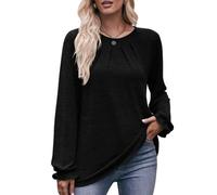 KIJSKKOPO Women's Long Sleeve T Shirts, Black Crew Neck Pleated Tunic Pullover Blouse Fall Winter Casual Elegant Slim Fit Daily Going Out Tops Black M