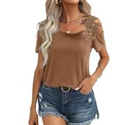 KIJSKKOPO Womens Short Sleeve Silky Satin Blouses, Blue Solid Color Crew Neck Tunic Pullover Cropped Tops Summer Casual Elegant Fitted Daily Going Out T-Shirts Chemise Brown L