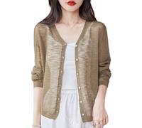 KIJSKKOPO Womens Summer Cardigans Lightweight, Beige V-Neck Button Down Sheer Knit Sweater Long Sleeve Ice Silk Knitwear Cropped Cover Up for Casual Office Daily Brown L