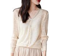 KIJSKKOPO Womens Summer Cardigans Lightweight, Beige V-Neck Button Down Sheer Knit Sweater Long Sleeve Ice Silk Knitwear Cropped Cover Up for Casual Office Daily Beige S