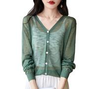 KIJSKKOPO Womens Summer Cardigans Lightweight, Beige V-Neck Button Down Sheer Knit Sweater Long Sleeve Ice Silk Knitwear Cropped Cover Up for Casual Office Daily Dark Green M