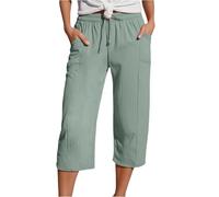 KIJSKKOPO Womens Summer Muslin Cotton Linen 3/4 Pants, Khaki Elasticated Waist Drawstring Light Capri Pants with Pocket Summer Casual Loose Cropped Trouser Straight Leg Bottoms Sage Green XL