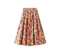 KIJSKKOPO Women's Tulip Floral Print Pleated Midi Skirt, Vintage Red Elastic High Waist A-Line Flared Skirts Stylish Daily Party Beach Holiday Elegant Boho Skirt Red