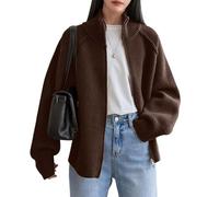 KIJSKKOPO Women's Zip Up Knitted Cardigan, Brown Patchwork Raglan Long Sleeves Stand Collar Ribbed Knit Transition Jacket Autumn Winter Casual Loose Warm Sweater Coat Tops Brown M