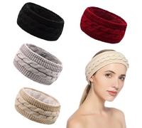 KIKAWORD 4 Pcs Winter Knitted Headband | Thermal Cable Knit Ear Warmer for women | Crochet Headband with Soft Lining for Shopping Skiing Running,Gifts for Girls Mum Sister(Red,Black,Khaki,Gray)