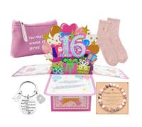 KIKAWORD 5PCS 16th Birthday Gifts for Girls,Sweet 16 Gifts for Girls Set with 16th Birthday Card,Makeup Bag,Pink Bracele,Keyring,Socks,for Sister Daughter Friend Niece