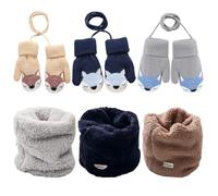 KIKAWORD 6 PCS Baby Boys Girls Winter Knitted Mittens and Round Scarves Set, Baby Mittens with String, Cute Fox Baby Gloves, Hanging on Neck Toddler Gloves with Furry Lining, 0-3 Years