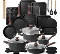 Kikcoin 31 Piece Pots and Pans Set Non Stick Kitchen Cookware Sets | Nonstick Cooking Set with Grill Pan Saucepan Baking Sheet Utensil, Black