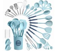 Kikcoin 43Pcs Large Kitchen Utensils Set - Silicone Cooking Utensils Set, Dishwasher Safe Spatula Set for Non-Stick Cookware, 446°F Heat Resistant Kitchen Utensils Set with Holder BPA Free, Blue