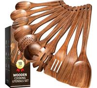 Kikcoin Wood Kitchen Utensils Set, 10 PCS Solid Teak Wooden Spoons for Cooking with Long Handle Heat-Resistant Wooden Cooking Utensils Set for Non-stick Cookware Including Hanging Hole