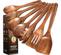 Kikcoin Wood Kitchen Utensils Set, 7 PCS Solid Teak Wooden Spoons for Cooking with Long Handle Heat-Resistant Wooden Cooking Utensils Set for Non-stick Cookware Including Hanging Hole
