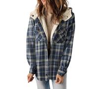 KIKIATA Women's Plaid Print Button Front Hooded Coat, Flannel Shacket Jacket Long Sleeve Button Down Fleece Hooded Jackets Warm Fall Winter Coat Casual Work(Blue,L)