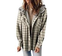 KIKIATA Women's Plaid Print Button Front Hooded Coat, Flannel Shacket Jacket Long Sleeve Button Down Fleece Hooded Jackets Warm Fall Winter Coat Casual Work(Gray,XXL)