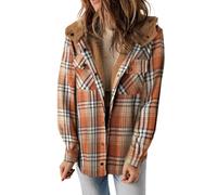 KIKIATA Women's Plaid Print Button Front Hooded Coat, Flannel Shacket Jacket Long Sleeve Button Down Fleece Hooded Jackets Warm Fall Winter Coat Casual Work(Orange,S)