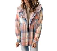 KIKIATA Women's Plaid Print Button Front Hooded Coat, Flannel Shacket Jacket Long Sleeve Button Down Fleece Hooded Jackets Warm Fall Winter Coat Casual Work(Pink,L)