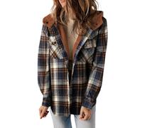 KIKIATA Women's Plaid Print Button Front Hooded Coat, Flannel Shacket Jacket Long Sleeve Button Down Fleece Hooded Jackets Warm Fall Winter Coat Casual Work(Dark Blue,M)