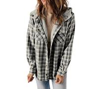 KIKIATA Women's Plaid Print Button Front Hooded Coat, Flannel Shacket Jacket Long Sleeve Button Down Fleece Hooded Jackets Warm Fall Winter Coat Casual Work(Black,XL)