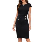 Kikibell Women's Work Office Pencil Dresses Cap Sleeve Double Breasted Lightweight Bodycon Business Midi Dress, Black, XL