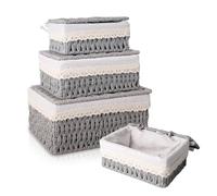 KiKiHong Woven Storage Baskets with Lids 3-Piece Set -Woven Storage Basket Boxes for Home Office, Bathroom & Bedroom | Boho Decor(Grey)