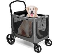 KIKII Extra Large Dog Stroller for Large & Medium Dogs, Adjustable Handlebar and Brakes, 4 Wheels, Reflective, Lightweight Folding, Breathable Mesh, 132 lbs Capacity, for Travel Walking Outdoor