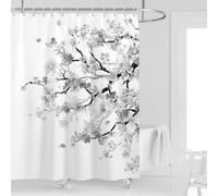 Kikiry Cherry Blossom Shower Curtain 60''W x 72''L Black and White Grey Gray Spring Floral Flowers Sakura Blooming Plum Japanese Asian Anime Cute Art Style Polyester Fabric 12 Pack Plastic Hooks