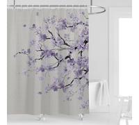 Kikiry Purple Cherry Blossom Shower Curtain 60''W x 72''L Spring Floral Flowers Sakura Blooming Plum Japanese Asian Anime Art Cute Grey Gray Plant Style Polyester Fabric 12 Pack Plastic Hooks