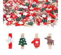 KIKISML 100 Pieces Christmas Wooden Clips, Xmas Decoration with 4 Styles, Christmas tree, Gloves, Snowflakes, Elk