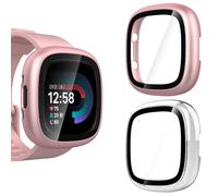 KIKISML 2 Pack Hard Case Compatible with Fitbit Versa 4/Sense 2, All-round Protective Tempered Glass PC Case Bumper Cover(Pink, Clear)