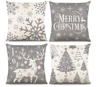 KIKISML Christmas Cushion Covers 18x18 Inch, 4 Pack Christmas Tree Snowflake Reindeer Santa Claus Linen Throw Pillow Cases for Home Decor, Bedroom, Sofa Xmas Decor (Grey)