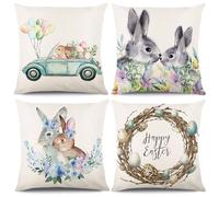 KIKISML Easter Cushion Covers 18x18 Inch, Set of 4 Cotton-Linen Spring Throw Pillowcase, Cushion Cover for Home Decor, Easter Decorations (Truck Style)