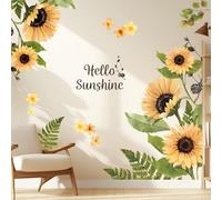 KIKISML Summer Sunflower Wall Stickers, Hello Sunshine Flower Wall Decals for Bedroom, Livingroom, Shop Window, Bath Room, TV Background Art Wall Decor (2 Pieces)