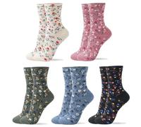 kikiya socks Women Crew Socks | 5-6 Pairs Colorful Rainbow Stripes Tube Flower Casual Ladies & Girls Cotton Socks | US 6-8, Flower Print a, 6-8