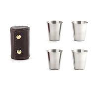 KIKKERLAND BA59 Shot Glasses with Leather CASE, Stainless Steel, Brown, 5 Piece