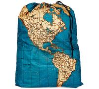 Kikkerland Travel-Size Laundry Bag, World Map Design Heavy Duty Laundry Bag, Polyester, Built-in Pouch, Inner Loop and Carabineer, Multicolor 41cm x 56cm