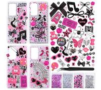 Kikonoke 2200 Pcs Junk Phone Case Charms Kit with 20g Holographic Glitter, Pink Black Bow Star Heart Flower Letter Beads, Sliver Half Pearls Rhinestones for DIY Phone Case Personalization