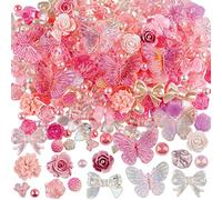 Kikonoke 350 Pieces 3D Resin ABS Colorful Rose Flower Bows Butterfly Charms with Flatback Half Round Pearl Beads for Bracelet Earring Necklace Craft DIY Making Supplies (Pink)