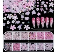 Kikonoke Pink Flower Nail Charms for Nail Art, 3D Cherry Blossom Petal with Soft Floral Charms Gold Silver Caviar Beads Iridescent Bubble Beads Flatback Pearls for Nails Design Manicure DIY Supplies
