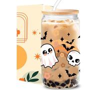 KIKUHE Halloween Cup, 16oz Cute Ghost Skul and Ghost Glass Cups - Halloween Spooky Iced Coffee Cup, Halloween Gifts, Funny Halloween Cups for Women, Kids, Girls - Spooky Gifts for Teens, Boys, Her