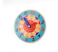 Kikuo 14CM Wooden Learning Clock, Colorful Teaching Clock with Hour and Minute Hands Education Toy, Learn to Tell the Time Clock for Home, Playroom, and Classroom (Blue)