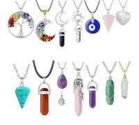Kikuo 15Pcs Natural Healing Crystal Necklaces, Crystal Stone Necklace Tree of Life Hexagonal Column Evil Eye Drop Taper Solar Obsidian Stone Plum Blossom Crystals Amethyst Moon Necklaces for Women
