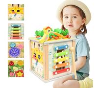 Kikuo Wooden Activity Cube 6 in 1 - Montessori Toys With Sorting & Stacking Game, Multi-Functional Treasure Box, Carrot Stacking Game for 2-4 Year Old Boys and Girls