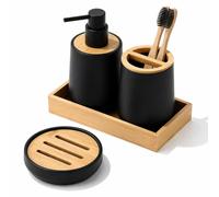 Kikzi® 4-Piece Bathroom Accessory Set, White and Natural Bamboo, Soap Dispenser, Toothbrush Holder, Soap Dish with Tray (Black)