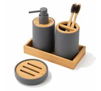 Kikzi® 4-Piece Bathroom Accessory Set, White and Natural Bamboo, Soap Dispenser, Toothbrush Holder, Soap Dish with Tray (Grey)