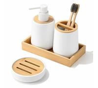 Kikzi® 4-Piece Bathroom Accessory Set, White and Natural Bamboo, Soap Dispenser, Toothbrush Holder, Soap Dish with Tray (white)