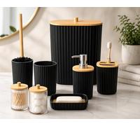 Kikzi® Bathroom Accessories Set 6PC with Trash Can & Toilet Brush + 2 Cotton Jars Bonus, Modern Ribbed Bathroom Set Includes Soap Dispenser, Toothbrush Holder, Tumbler & Soap Dish (Black)