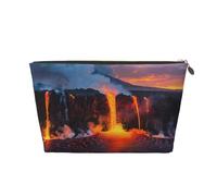 Kilauea Volcano Printed Toiletry Bag for Women Girl Portable Travel Cosmetic Bag Leather Makeup Pouch Organizer with Gold Zipper